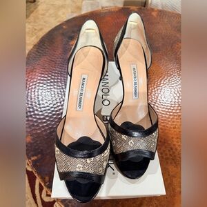 Manolo Blahnik Black and Beige Snake-Print Open-Toe Heels